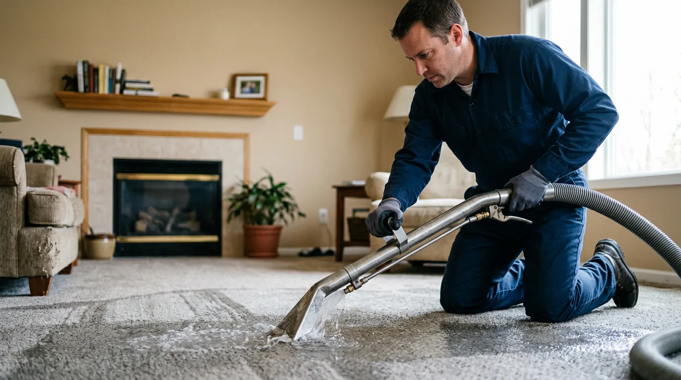 Water damage restoration technician working near Caspian, MI